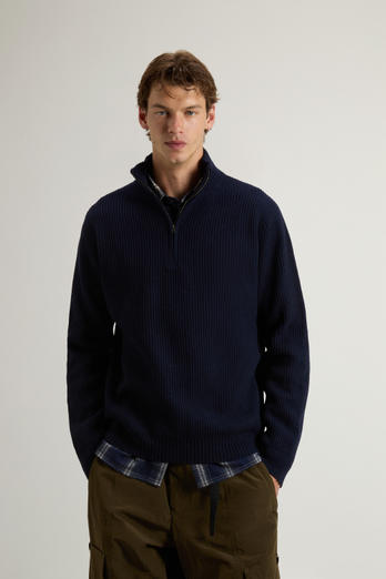 Half-Zipper Turtleneck Sweater in Wool and Cashmere Blend Blue | Woolrich