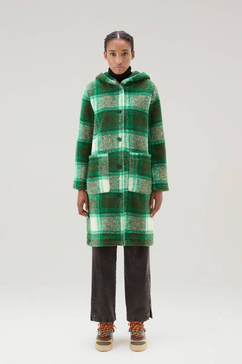Gentry Long Check Coat with Hood Green | Woolrich