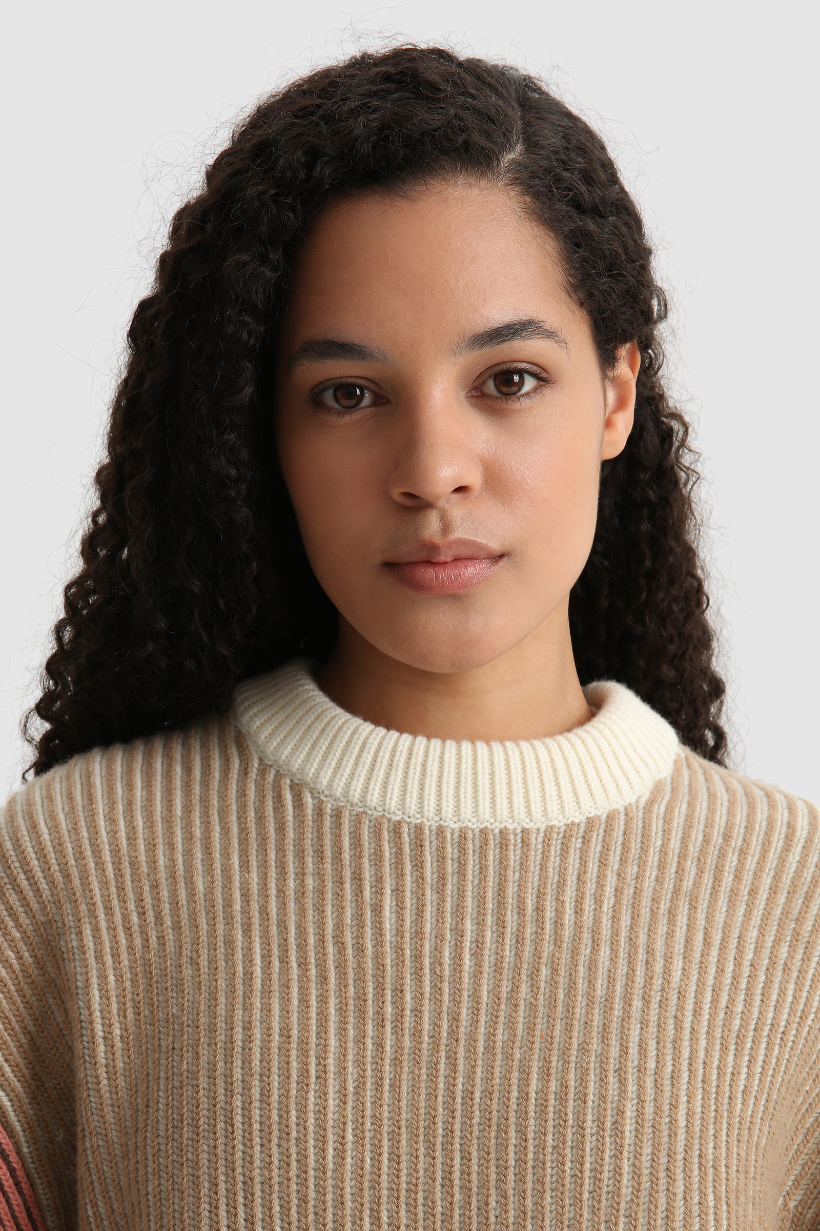 Crewneck wool Sweater with contrasting sleeves - Women - Brown
