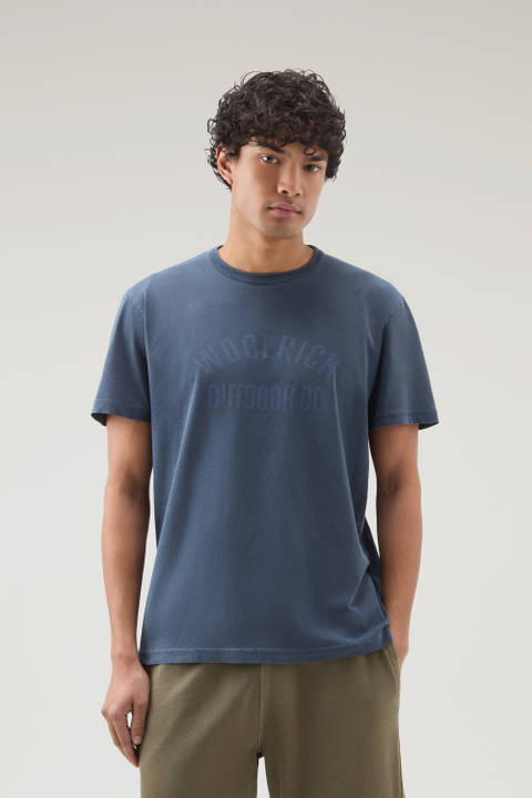 Pure Cotton Garment-Dyed T-Shirt with Print Blue | Woolrich
