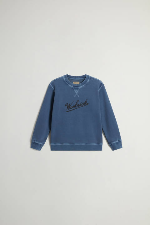 Garment-dyed Boys’ Crewneck Sweatshirt in Pure Cotton with Logo Blue | Woolrich