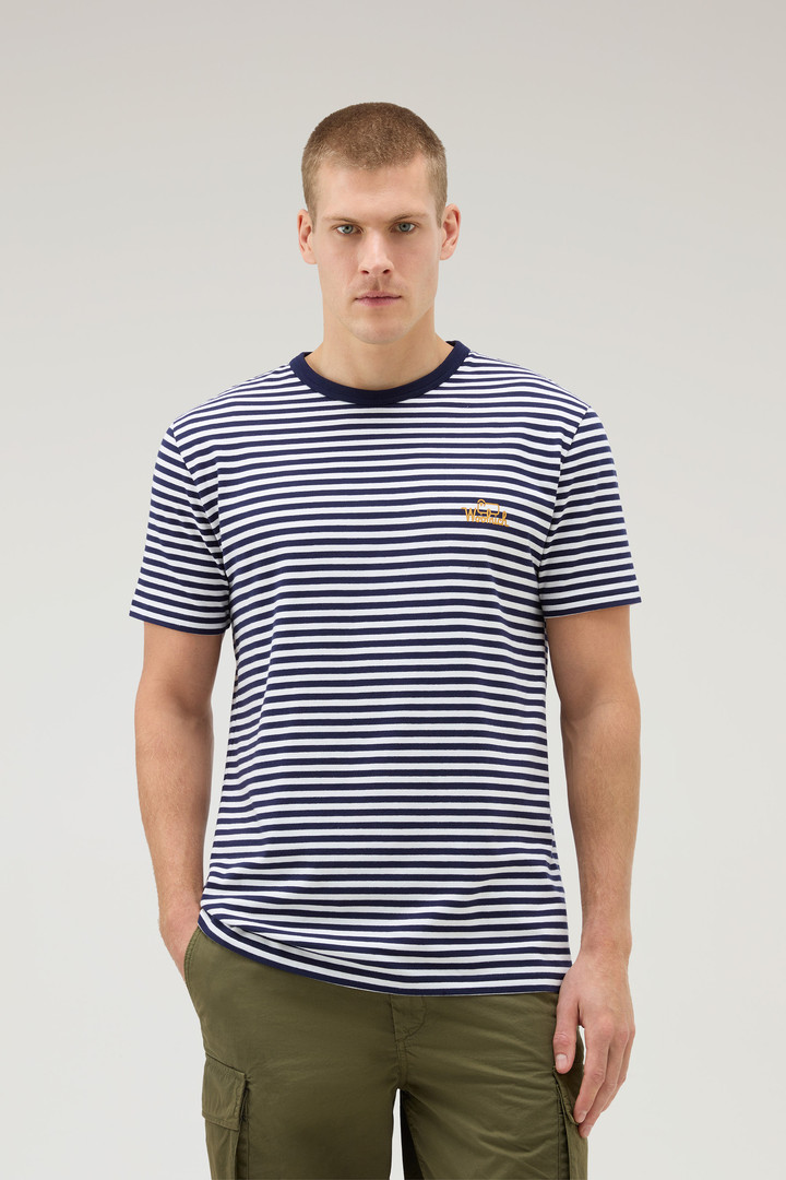 Woolrich Men Striped T-Shirt in Stretch Cotton Jersey Blue Size L