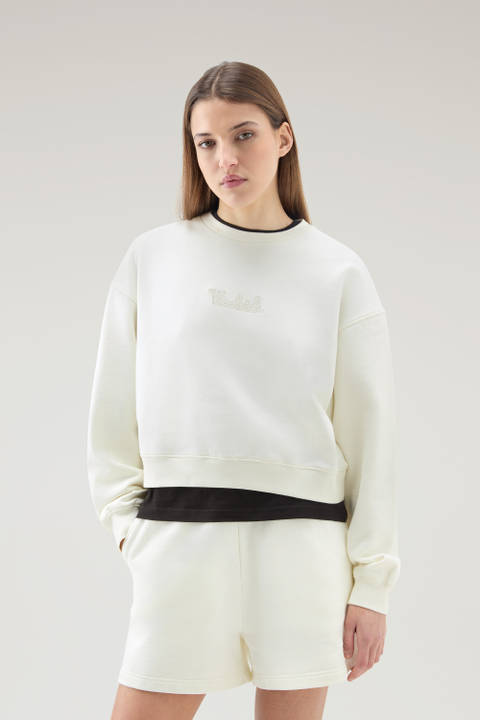 Sweat-shirt à col rond en pur coton avec logo brodé Blanc | Woolrich