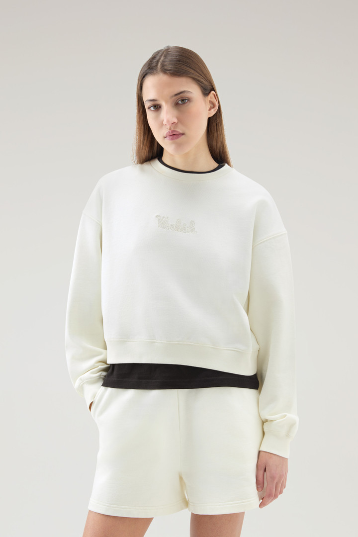 Sweat-shirt à col rond en pur coton avec logo brodé Blanc photo 1 | Woolrich