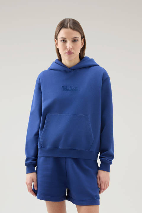 Sweat-shirt en pur coton à capuche et logo brodé Bleu | Woolrich