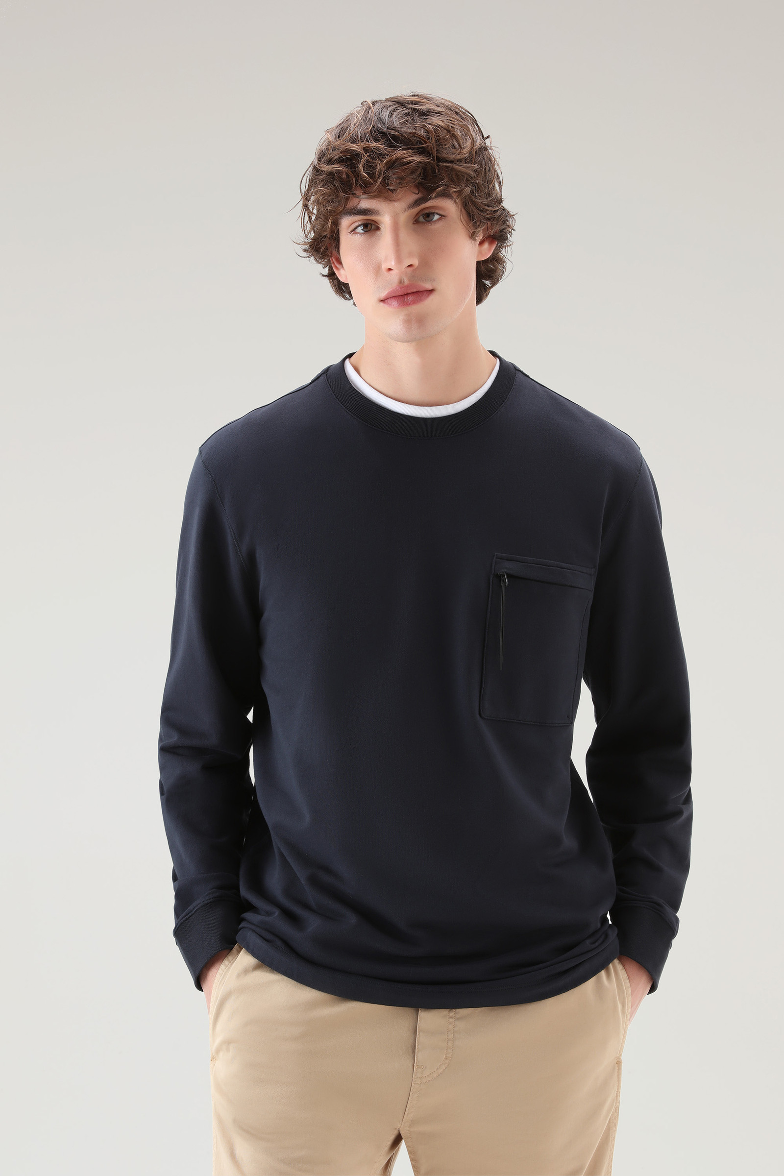 Crewneck in Pure Cotton Fleece with Zip Pocket Blue | Woolrich