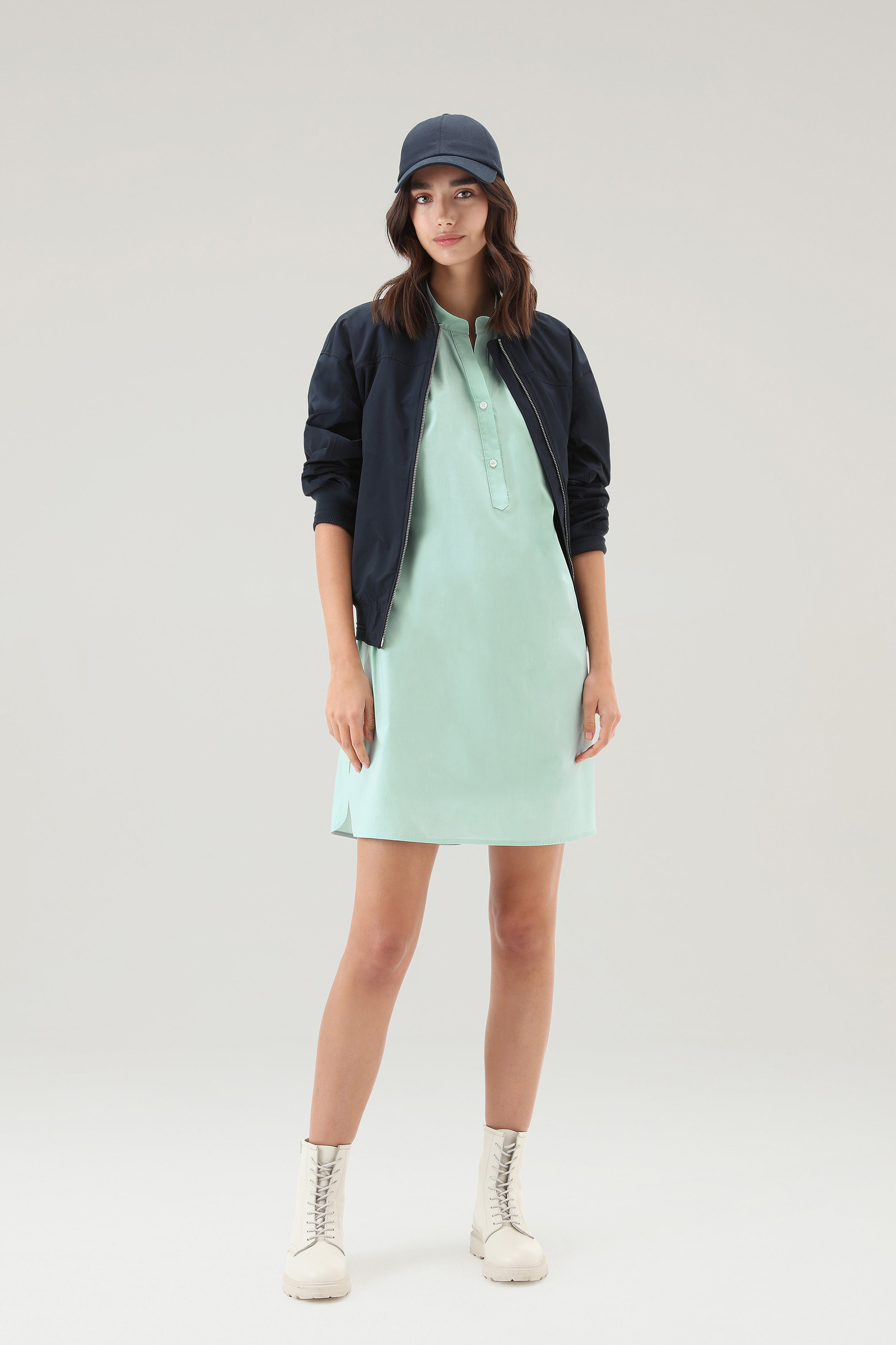 Short Dress in Pure Cotton Poplin with Gathered Details Green photo 2 | Woolrich