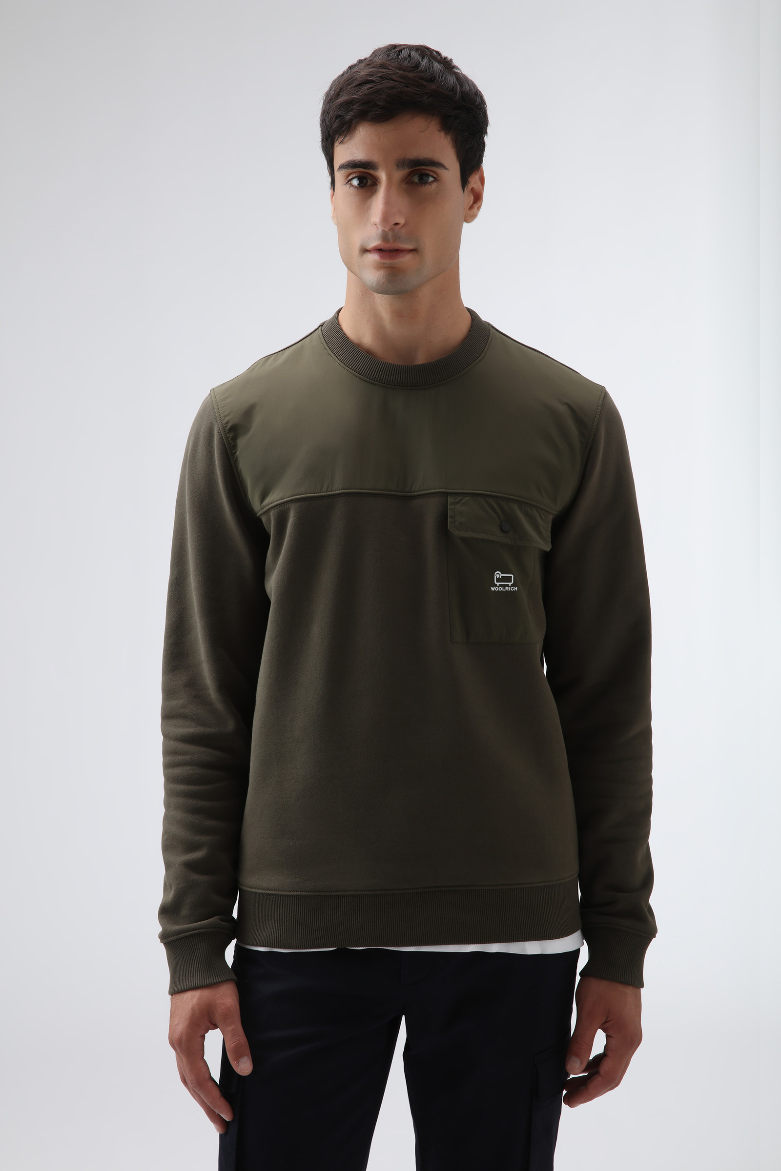 Crewneck Sweatshirt in Cotton and Taslan Nylon Green | Woolrich