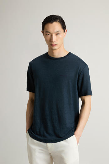 Pure Linen T-Shirt with Embroidered Logo Blue | Woolrich