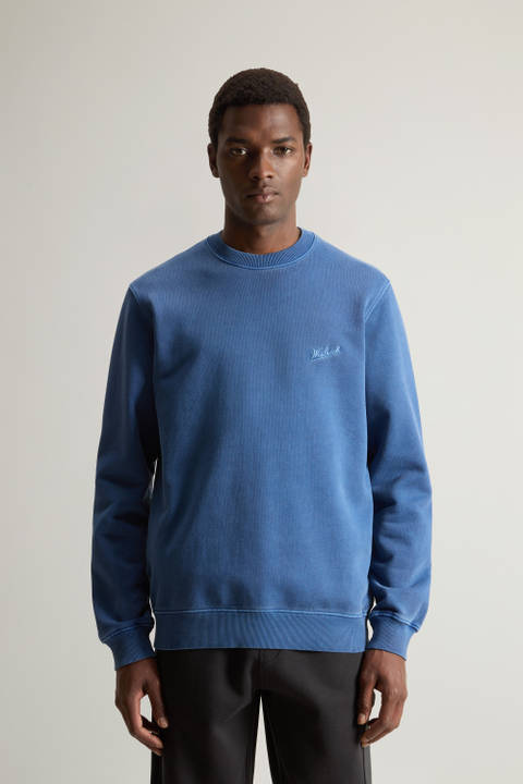 Sweat-shirt à col rond teint en pièce en pur coton avec logo brodé Bleu | Woolrich
