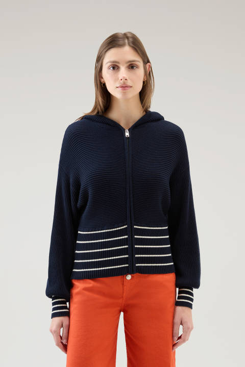 Sweater aus reiner Baumwolle mit Kapuze und Reißverschluss Blau | Woolrich