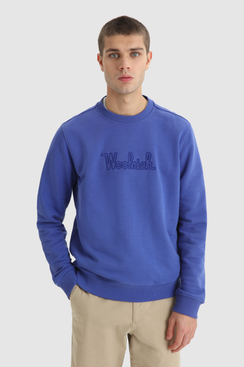 Organic cotton crewneck sweatshirt with embroidered vintage logo Blue | Woolrich