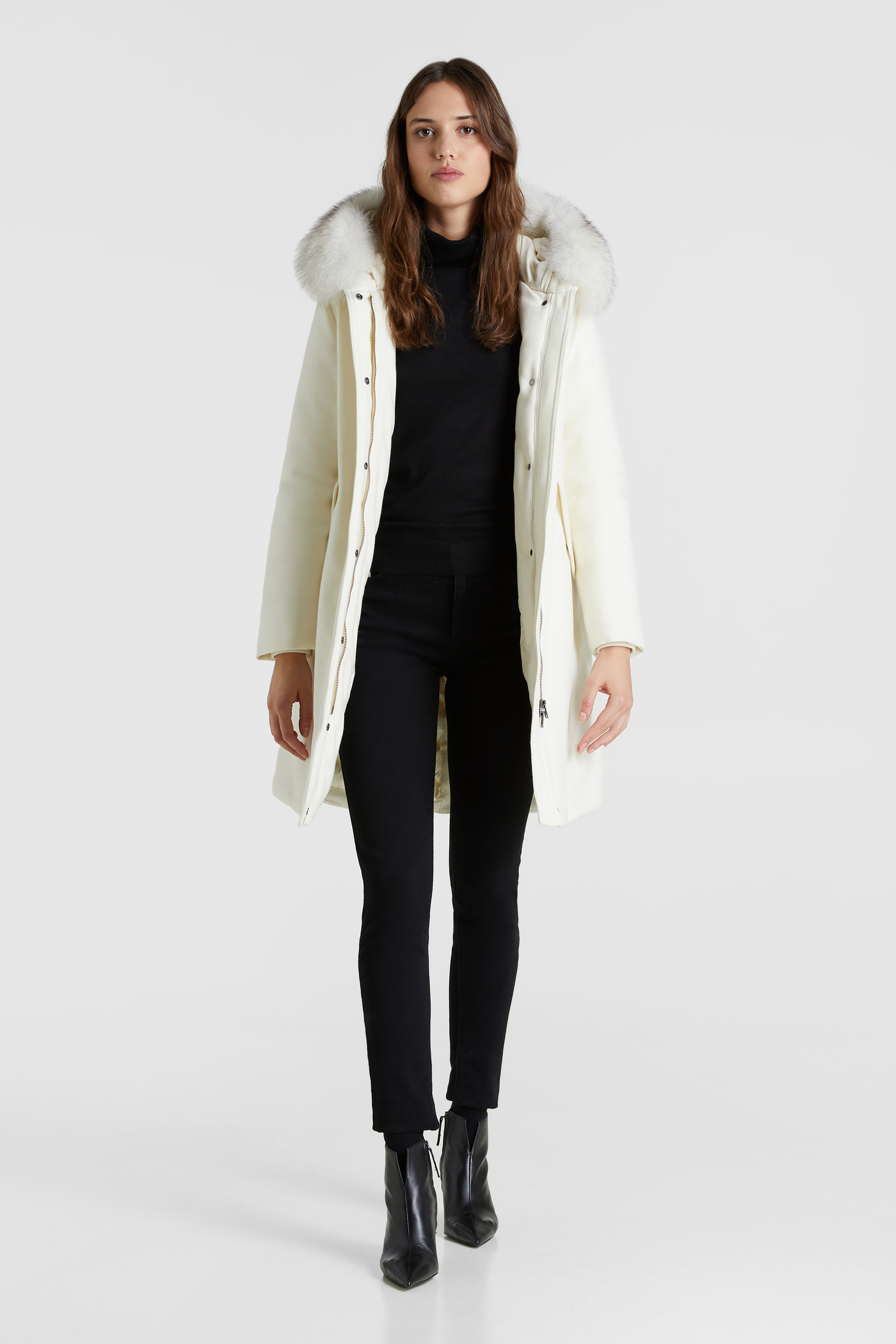 Carnation Parka in lana pregiata, con pelliccia volpe