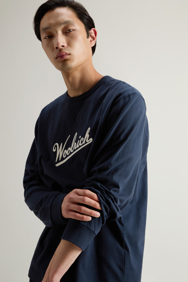 Pure Cotton Long-Sleeved T-Shirt with Embroidered Logo Blue photo 4 | Woolrich