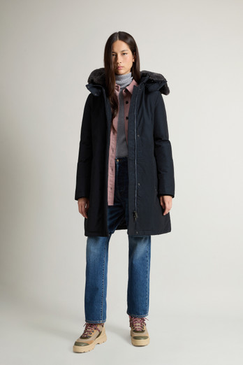 Women s Beaker Parka with Faux Fur in Ramar Cloth blue Woolrich GB