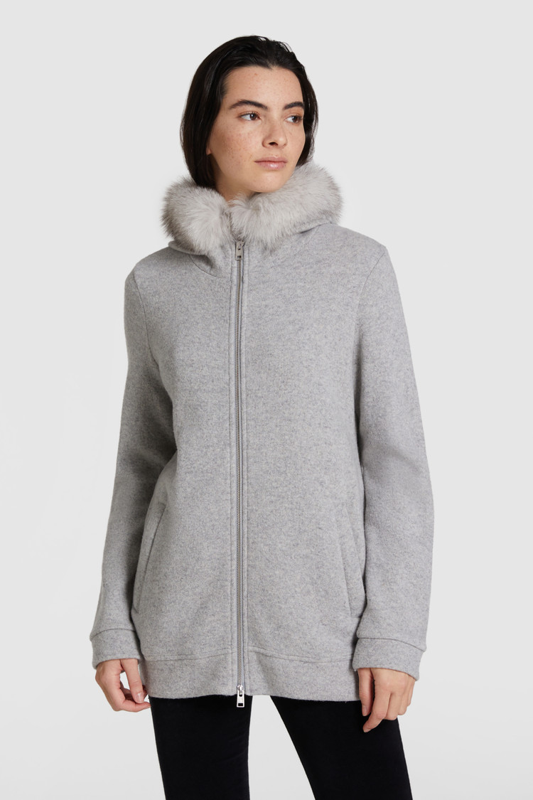 Wool-cotton zipped sweatshirt with hood