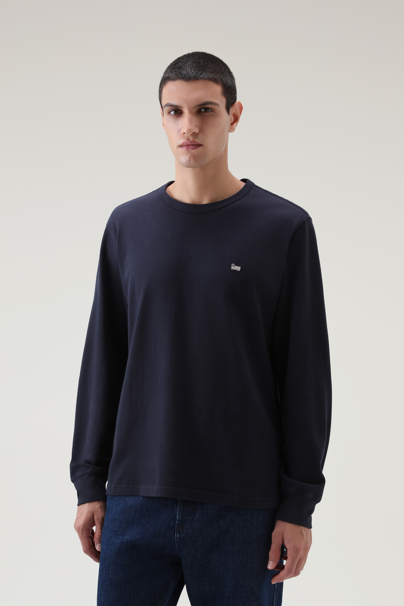 T-shirt in cotone a maniche lunghe con logo blu | Woolrich