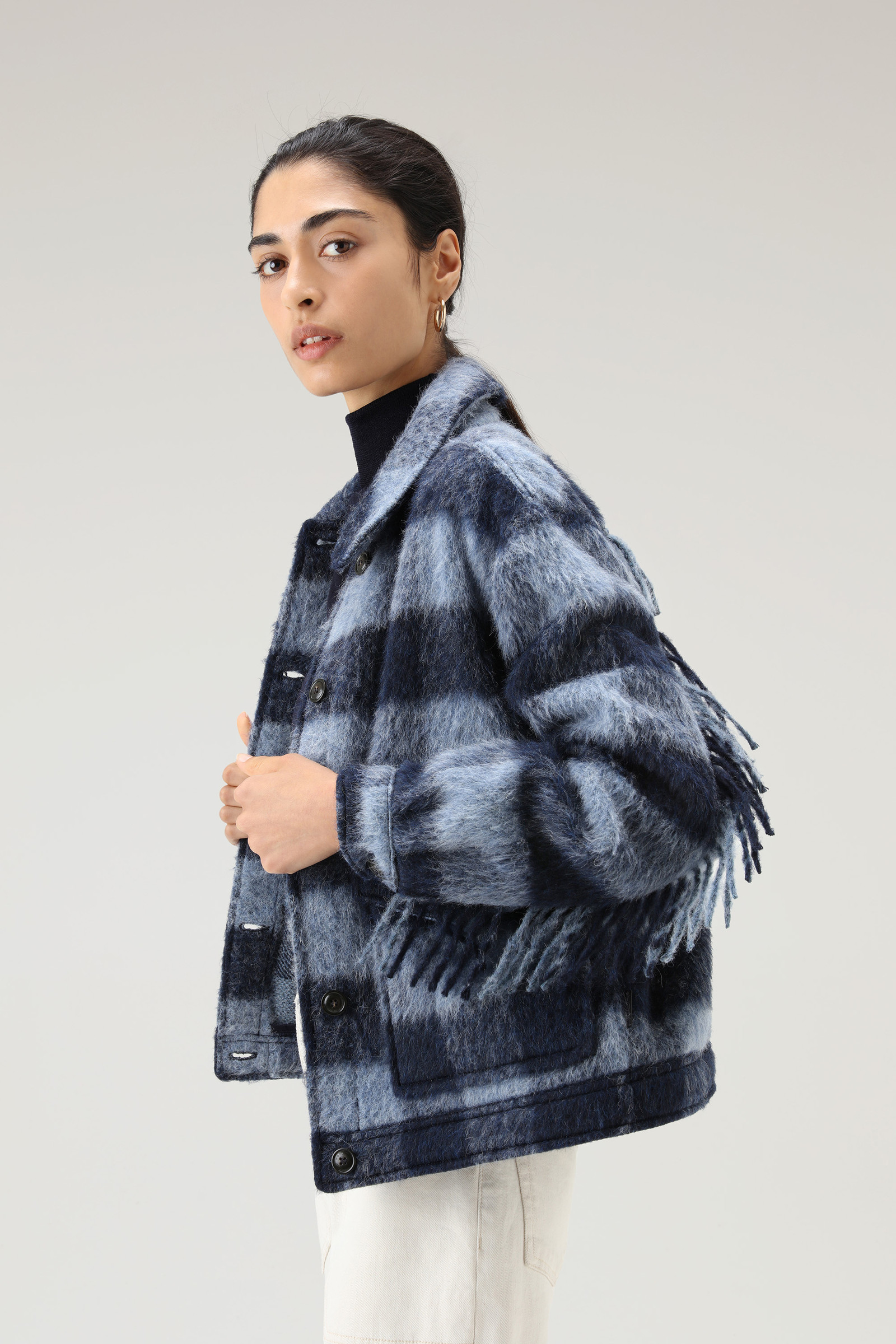 Veste chemise en mélange de laine brossée avec franges Bleu photo 5 | Woolrich