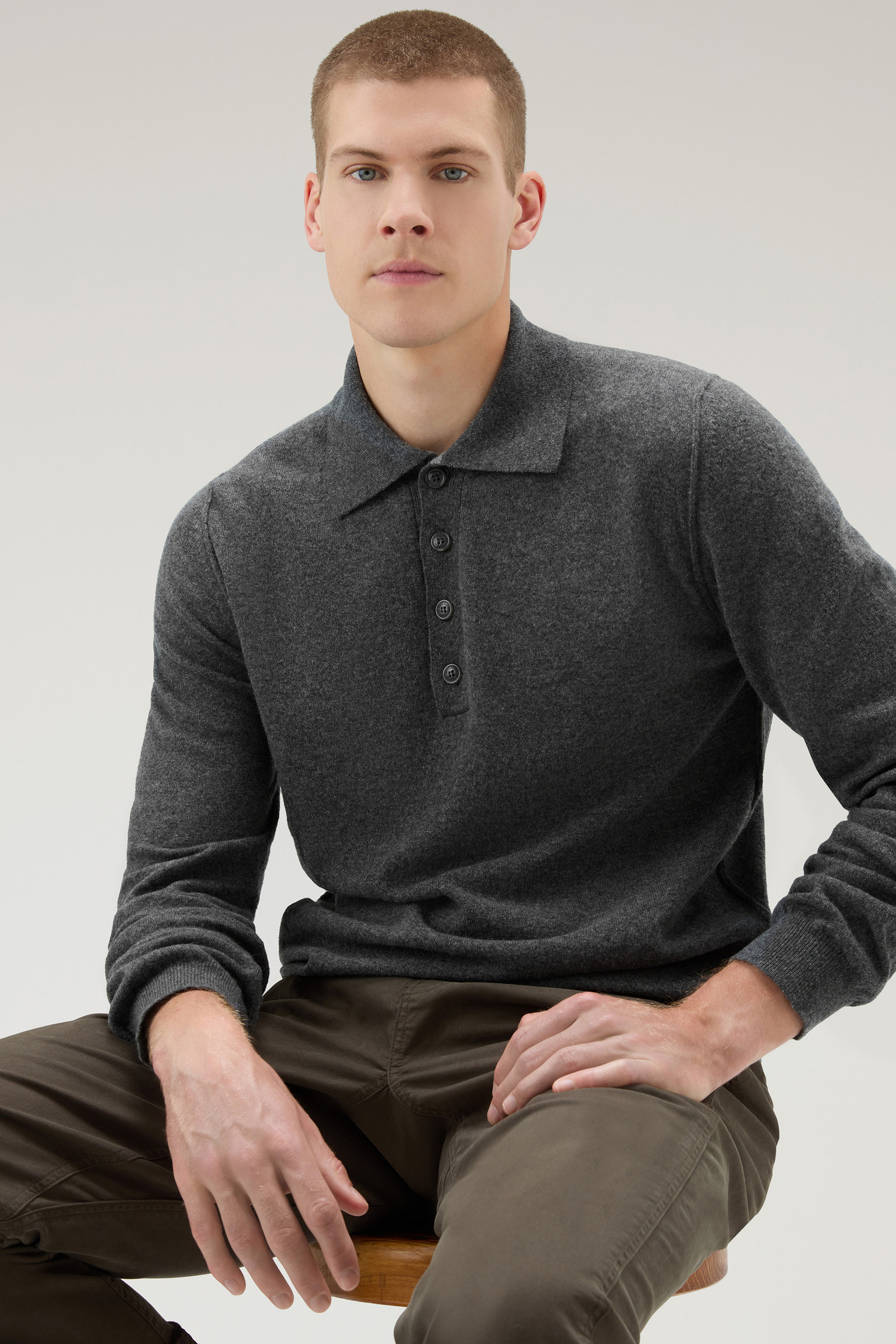 Long-Sleeved Polo Shirt in Merino Wool Blend - Men - Grey