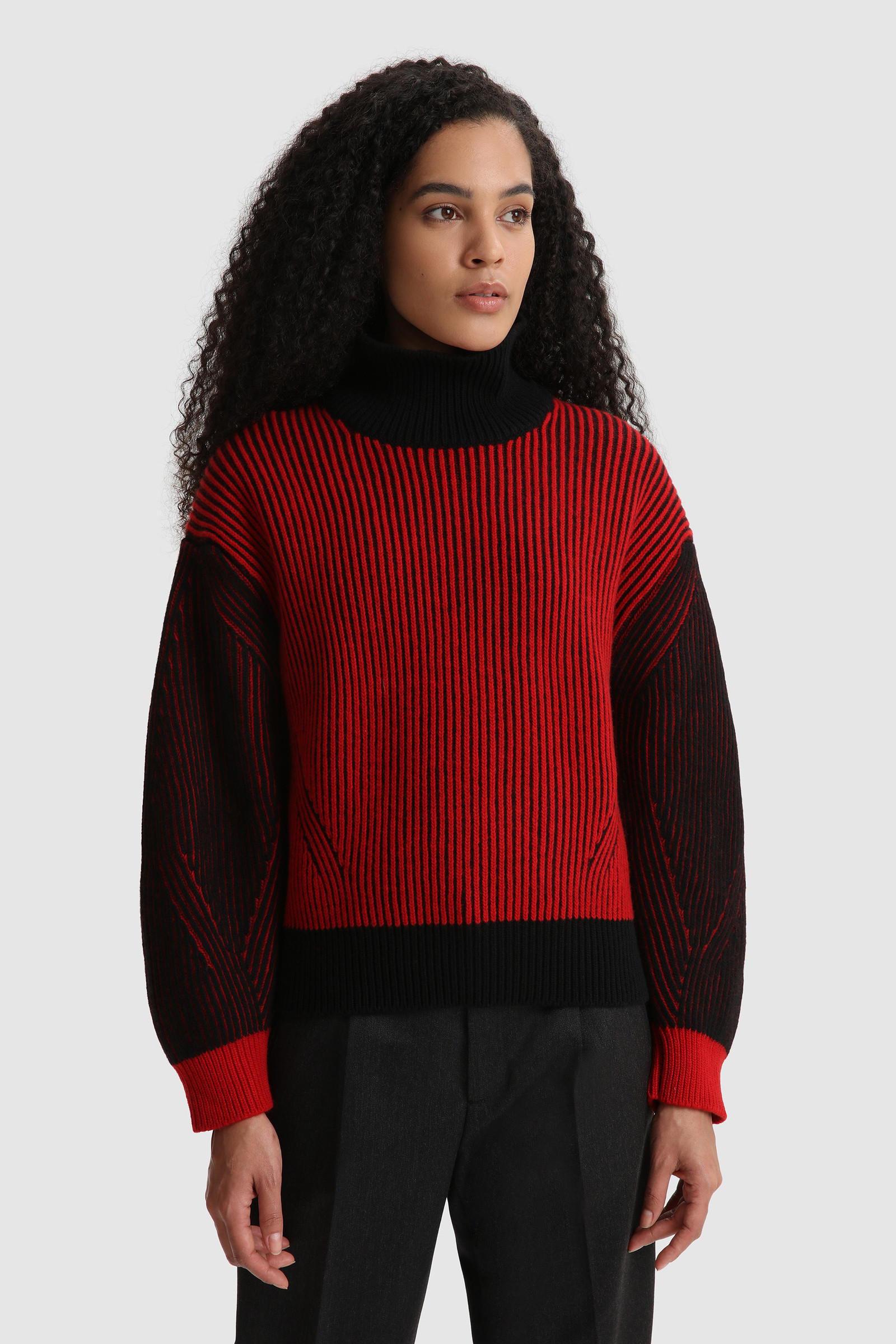 Turtleneck Sweater in Wool with Contrasting Sleeves Red | Woolrich