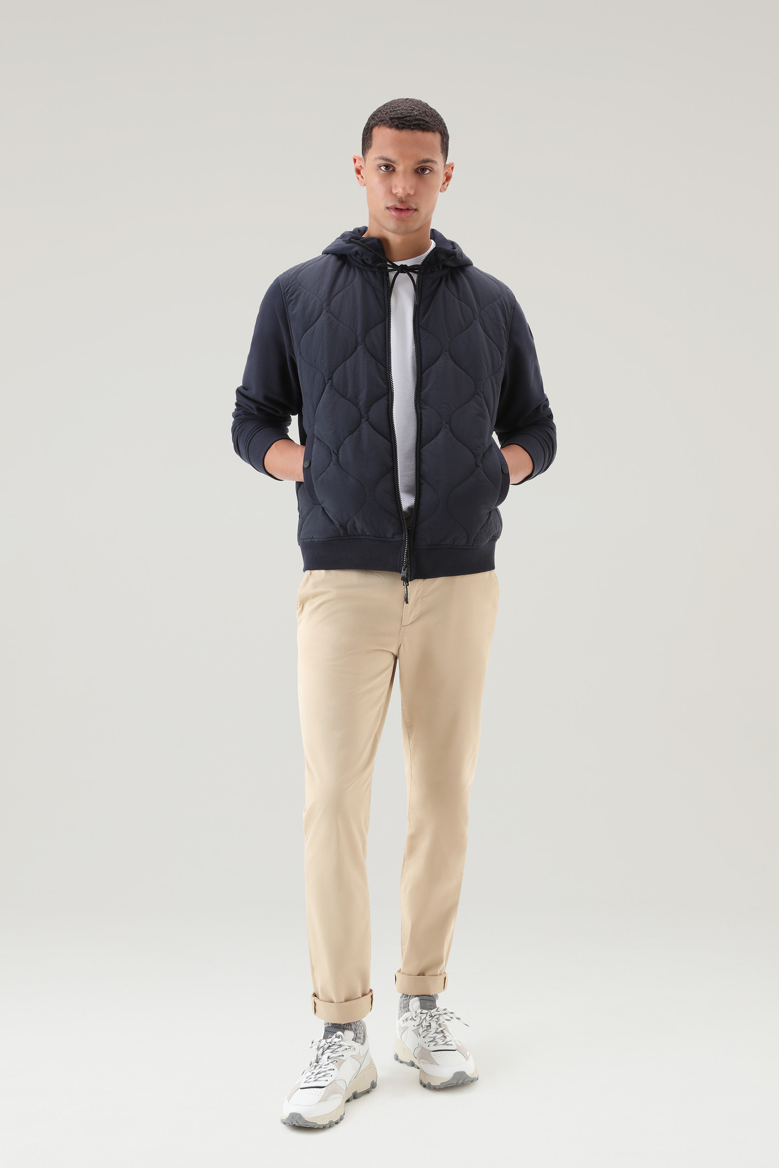 Zip-up Hybrid Hoodie in Cotton and Quilted Taslan Nylon Blue photo 2 | Woolrich