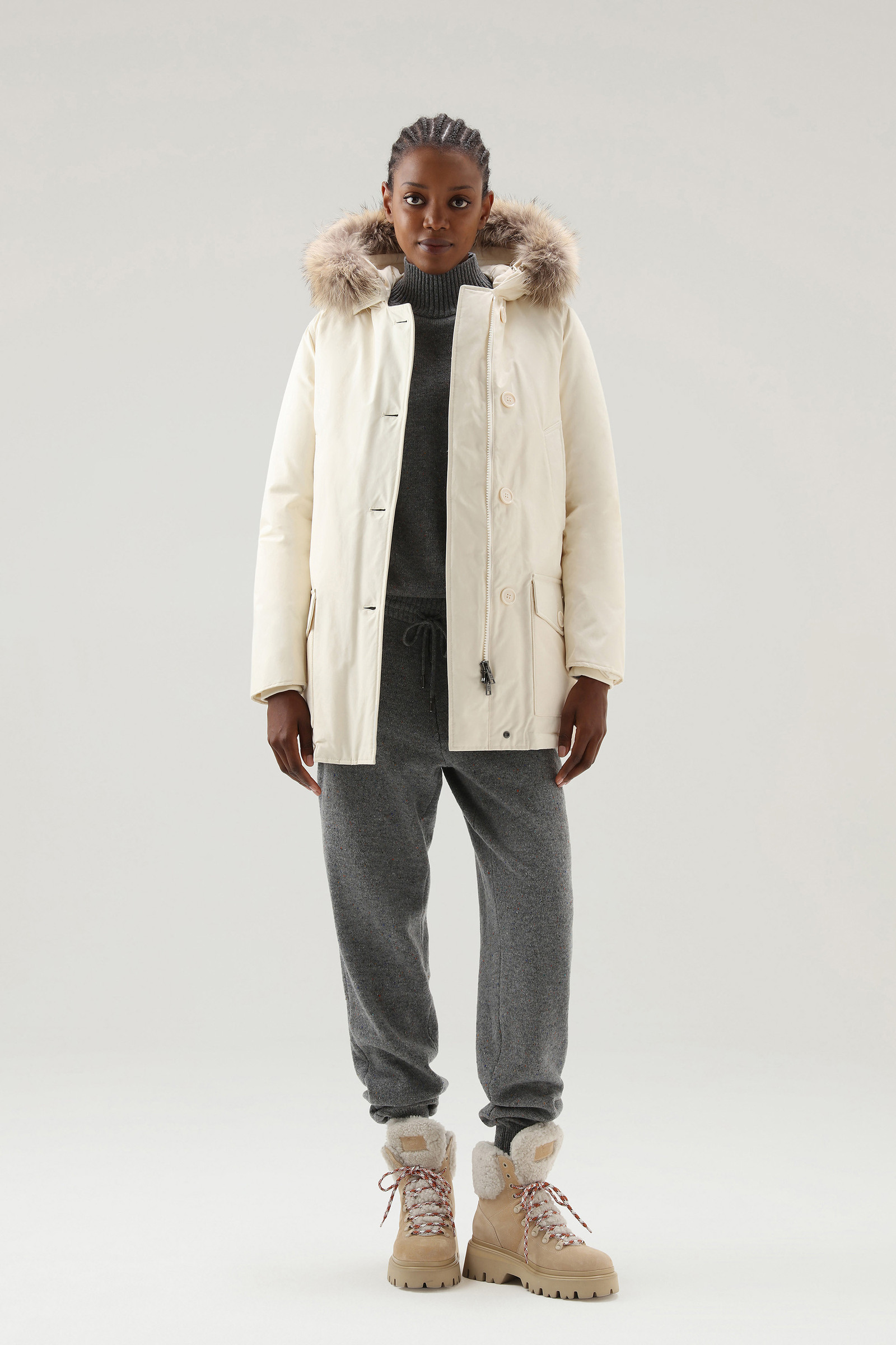 Arctic Parka in Ramar Cloth with Four Pockets and Detachable Fur - Women -  White