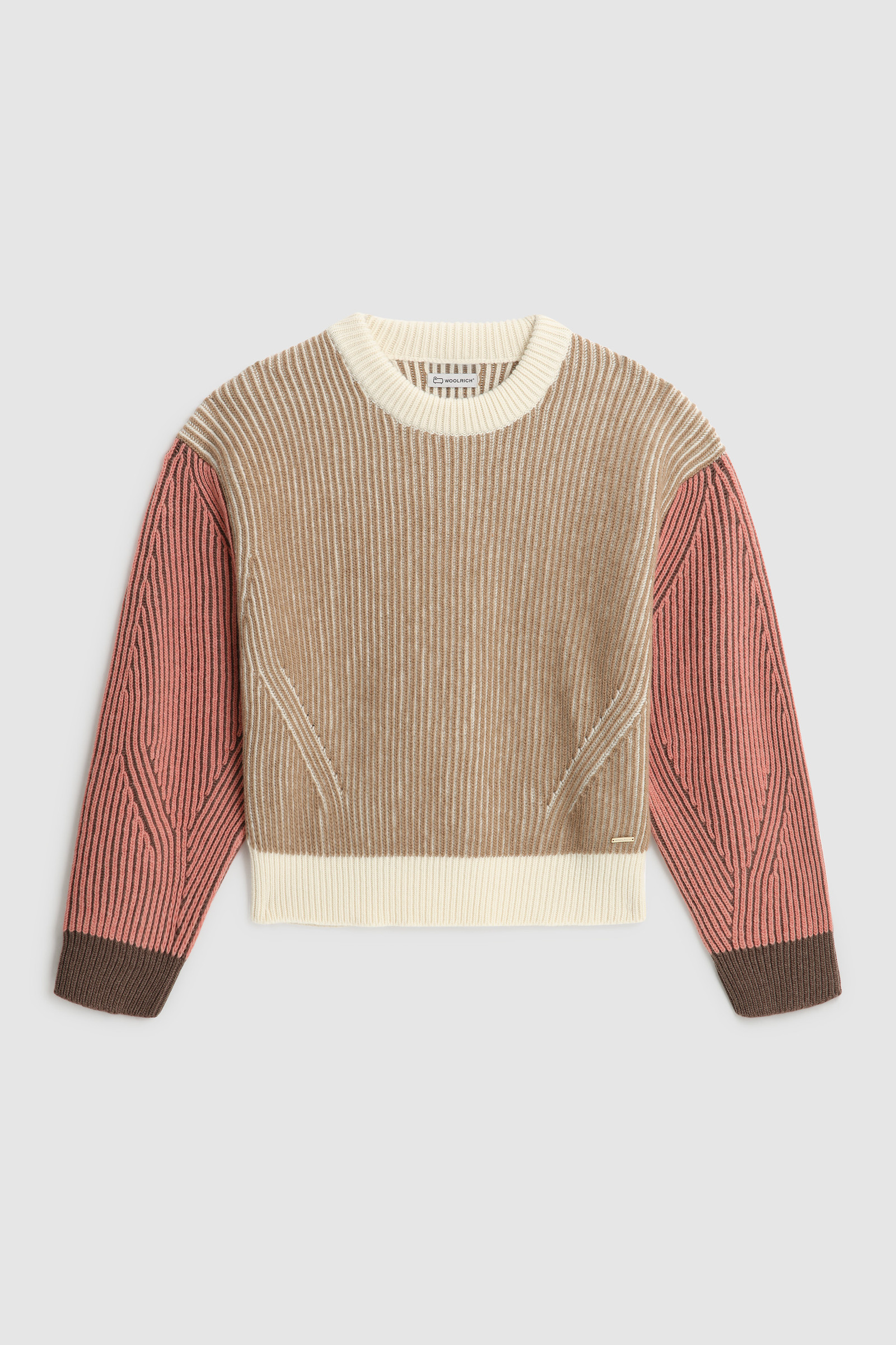 Women's Crewneck Wool Sweater with Contrasting Sleeves Brown | Woolrich USA