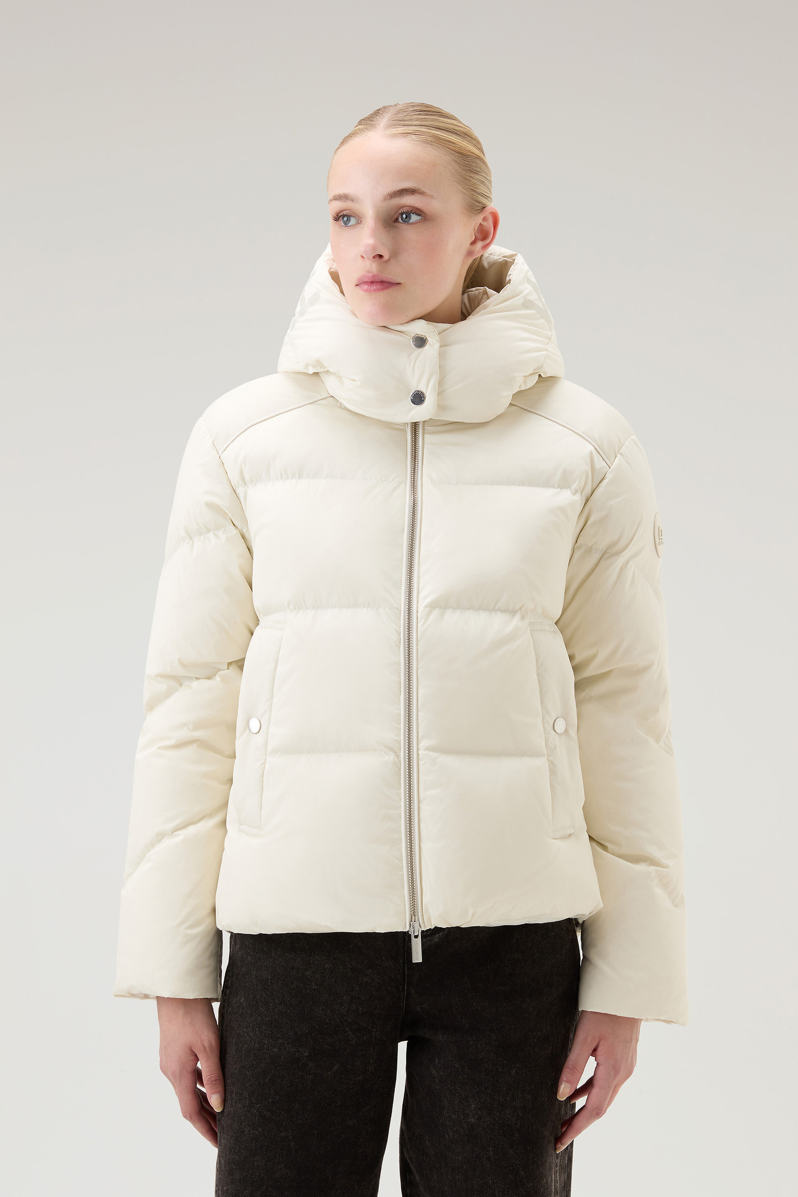 Short Alsea Down Jacket in Stretch Nylon with Detachable Hood White ...