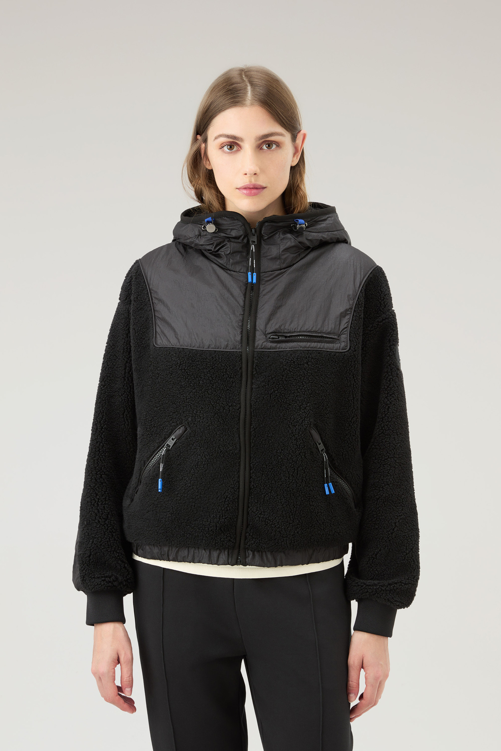 Kapuzenpullover aus Sherpa und Nylon mit durchgehendem Reißverschluss schwarz | Woolrich
