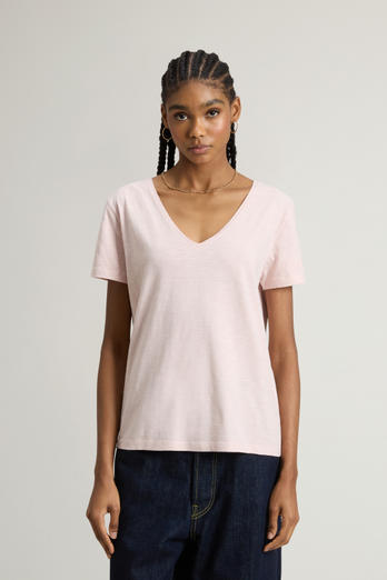 T-shirt à col V en pur coton flammé Rose | Woolrich
