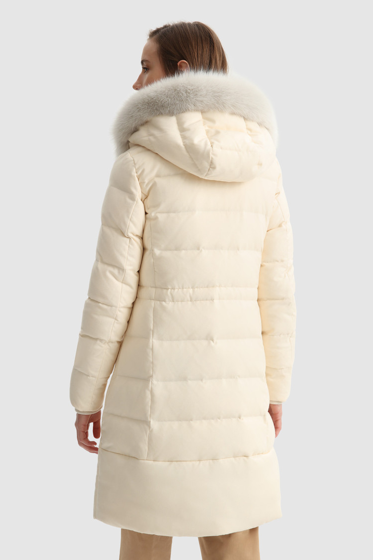Parka lungo in lana e seta con pelliccia