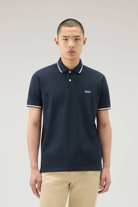 Monterey Polo Shirt in Stretch Cotton Piquet with Striped Edges Blue | Woolrich