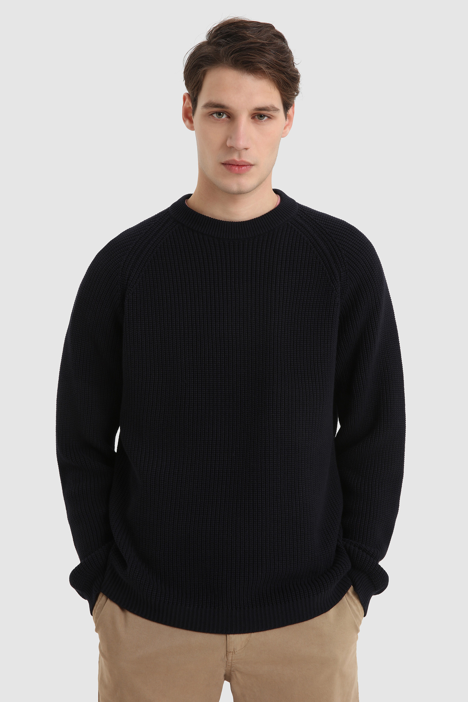 Jersey de cuello redondo de algodón acanalado azul | Woolrich
