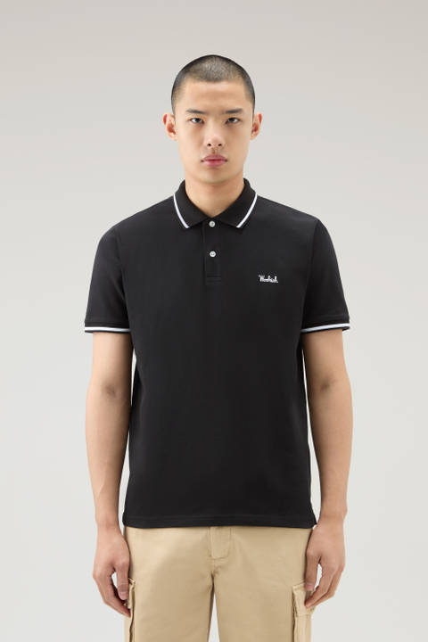 Monterey Polo Shirt in Stretch Cotton Piquet with Striped Edges Black | Woolrich