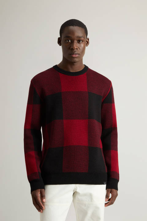 Checked Crewneck Sweater in Pure Merino Virgin Wool Red | Woolrich