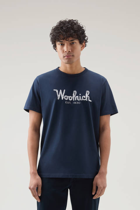 Pure Cotton Embroidered T-Shirt Blue | Woolrich