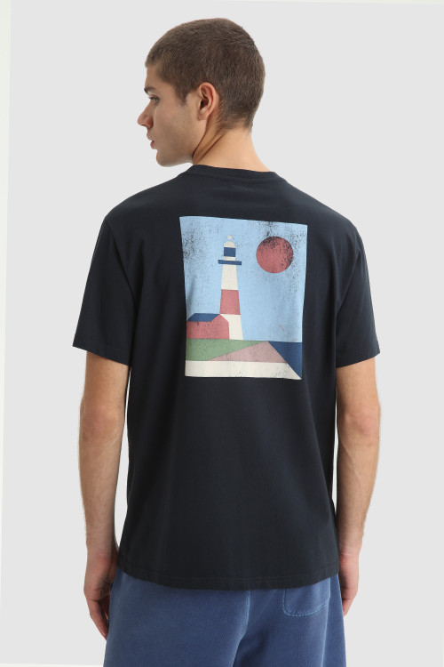 T-Shirt aus Bio-Baumwolle mit Print auf der Rückseite Blau | Woolrich