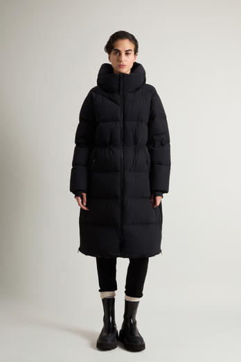 Long Quilted Stretch Nylon Parka with Removable Hood Black | Woolrich