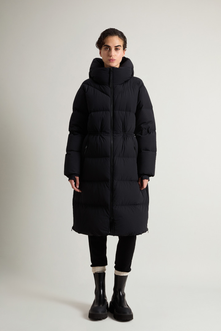 Long Quilted Stretch Nylon Parka with Removable Hood Black photo 1 | Woolrich