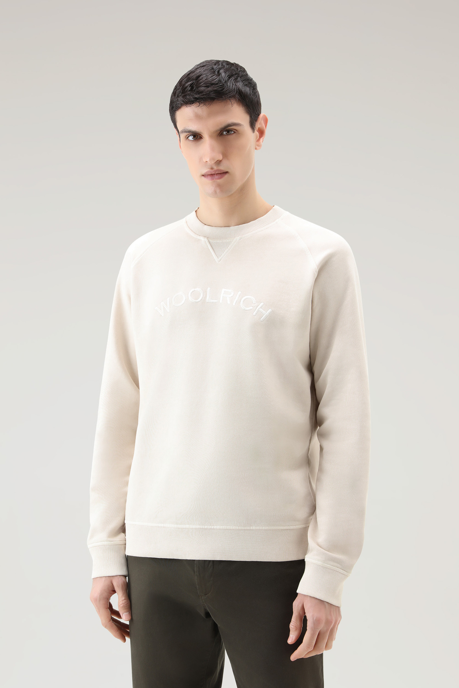 Varsity Crewneck in Garment-Dyed Pure Cotton Fleece White | Woolrich
