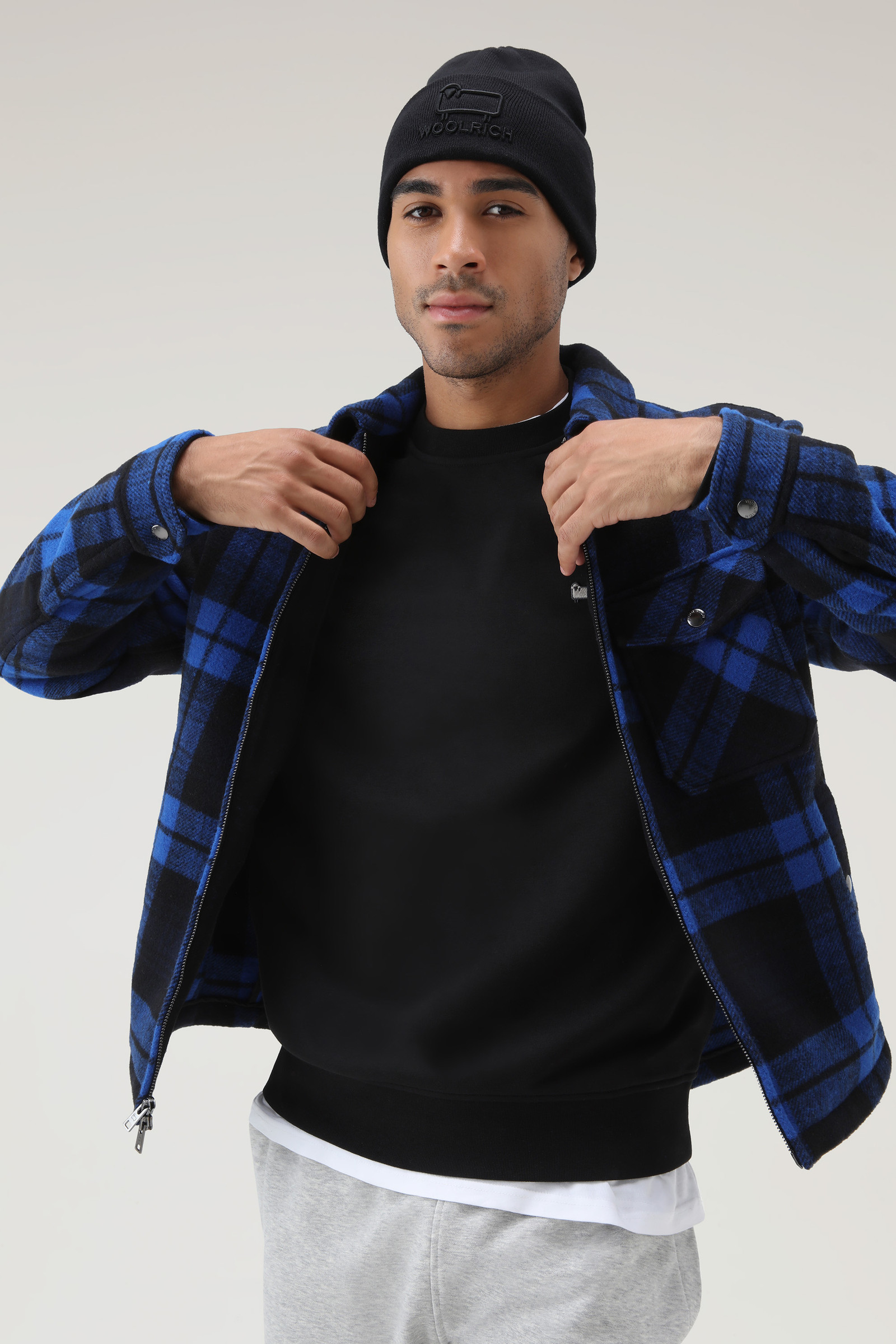 Wool Blend Zip-front Timber Plaid Flannel Overshirt - Men - Blue