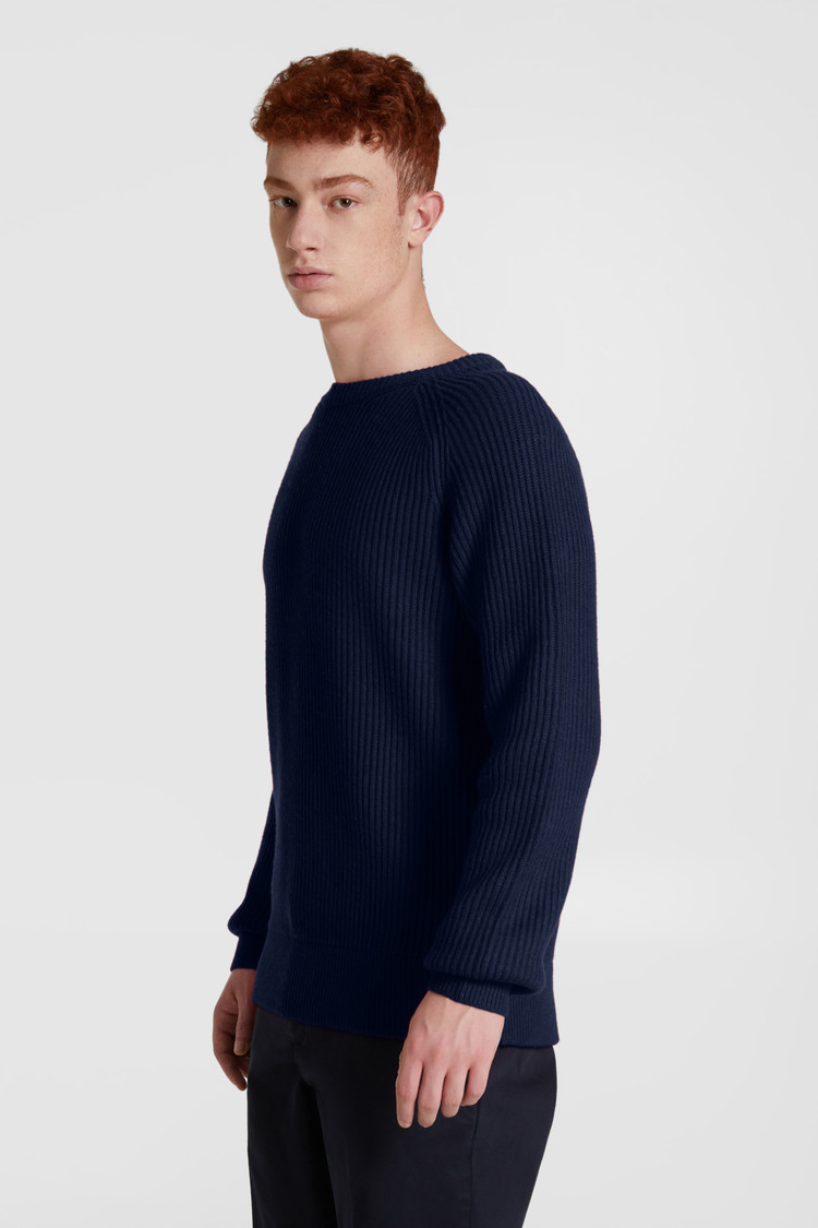 Rib-stitched wool crewneck sweater