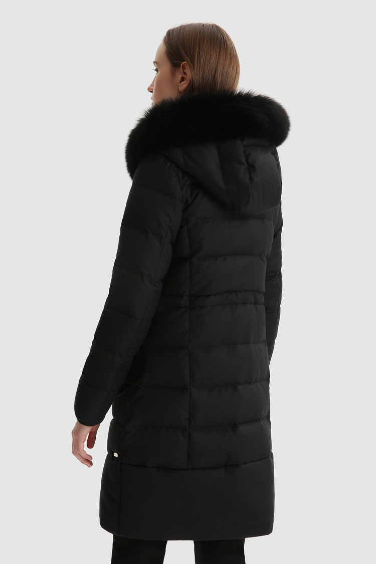 Langer Parka aus Wolle und Seide mit Fell