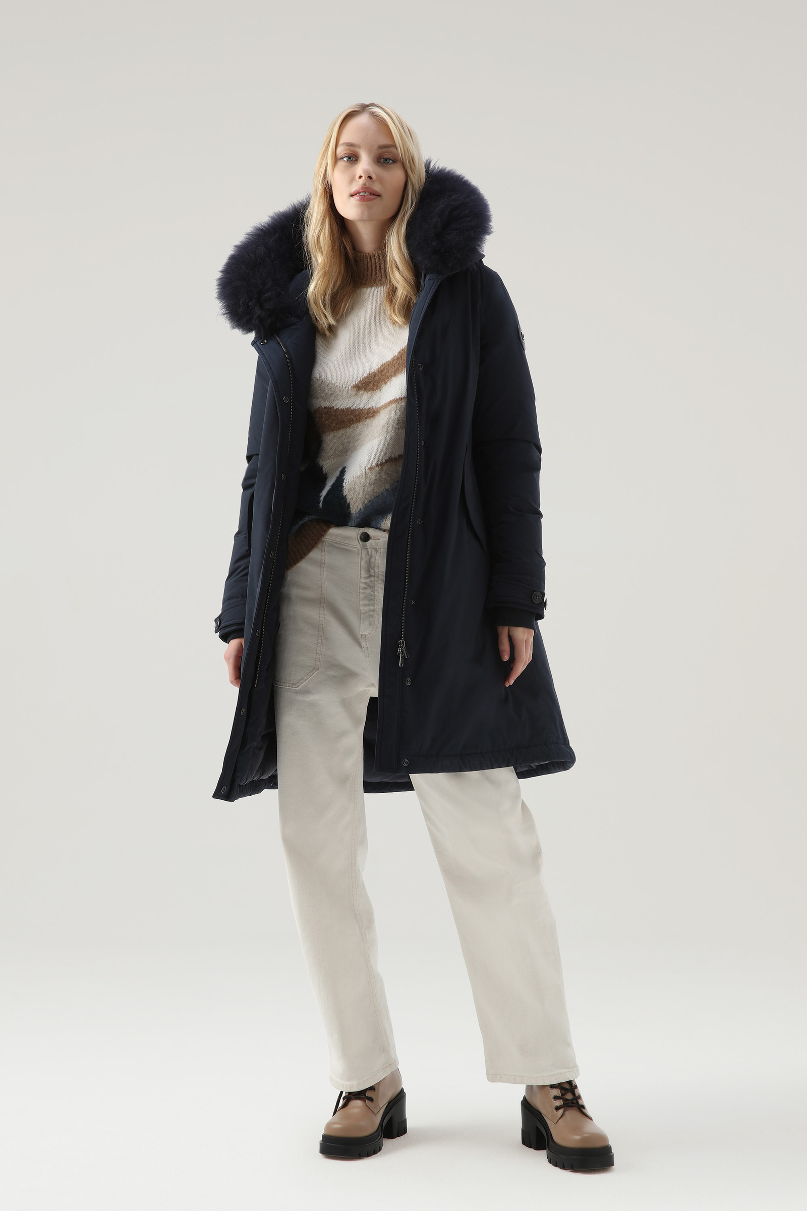 Keystone Long Parka in Urban Touch with Cashmere Fur - Women - Blue