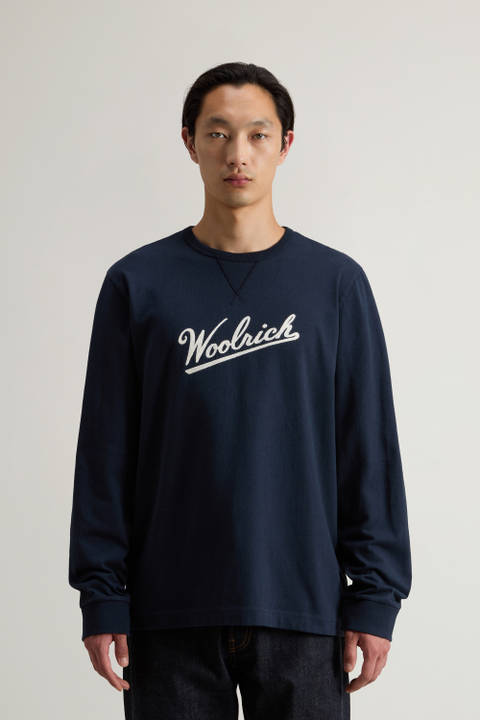 T-shirt à manches longues en pur coton avec logo brodé Bleu | Woolrich