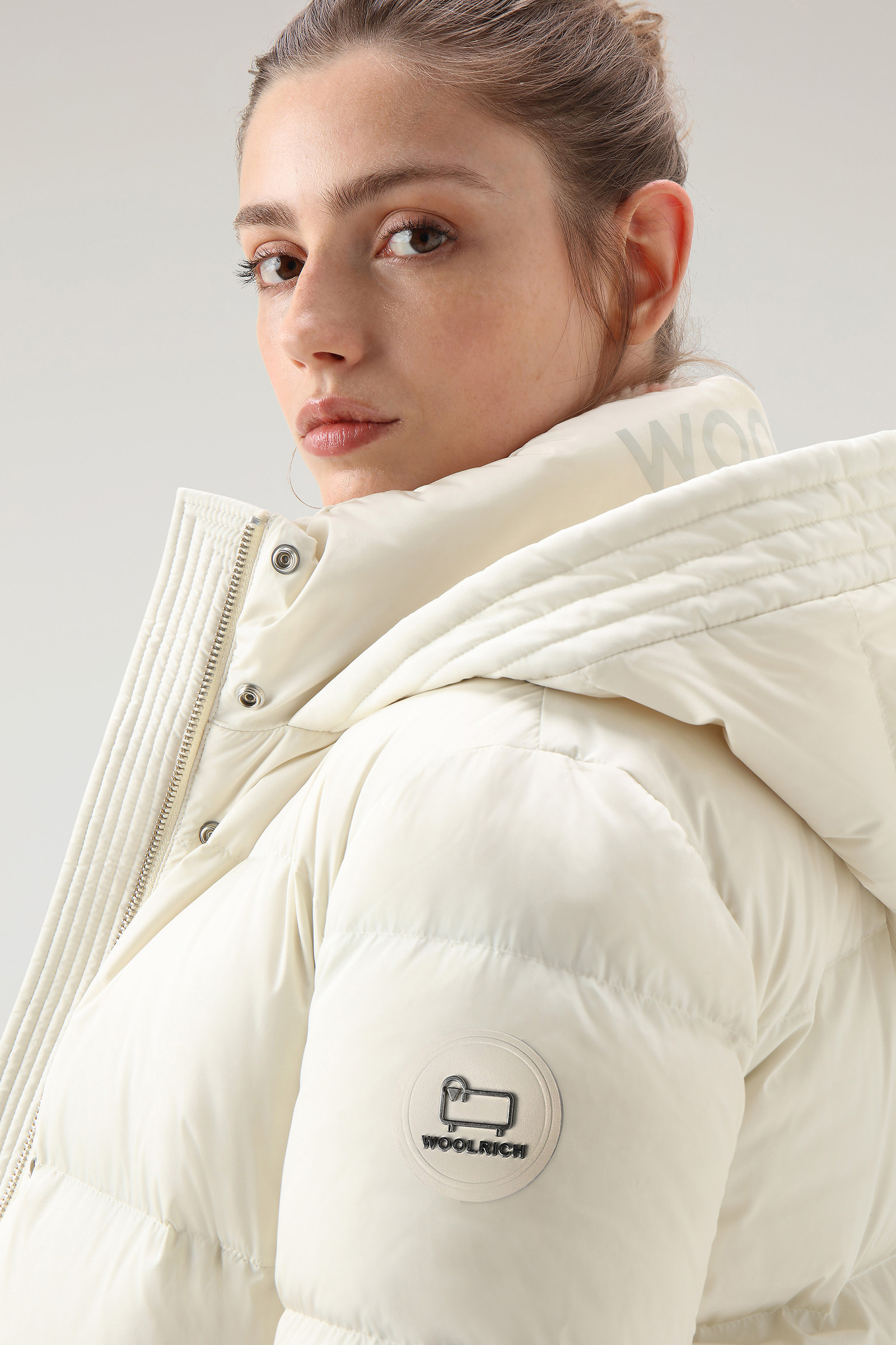 Hooded Alsea Down Jacket in Stretch Nylon White | Woolrich UK
