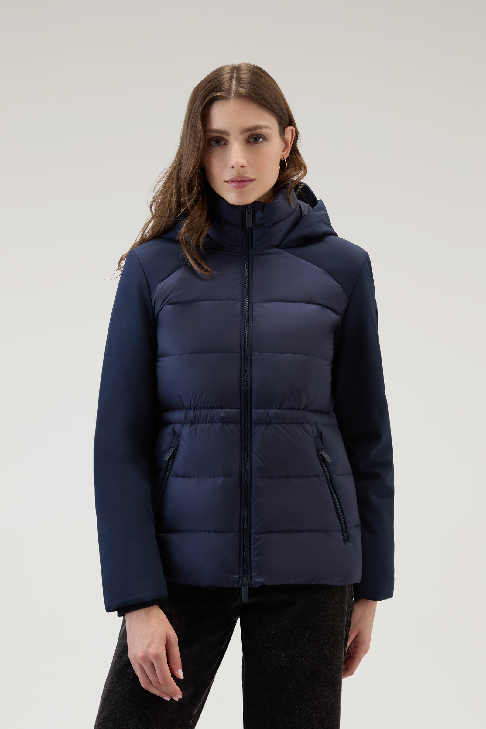Hybrid Hooded Down Jacket in Tech Softshell Blue | Woolrich USA