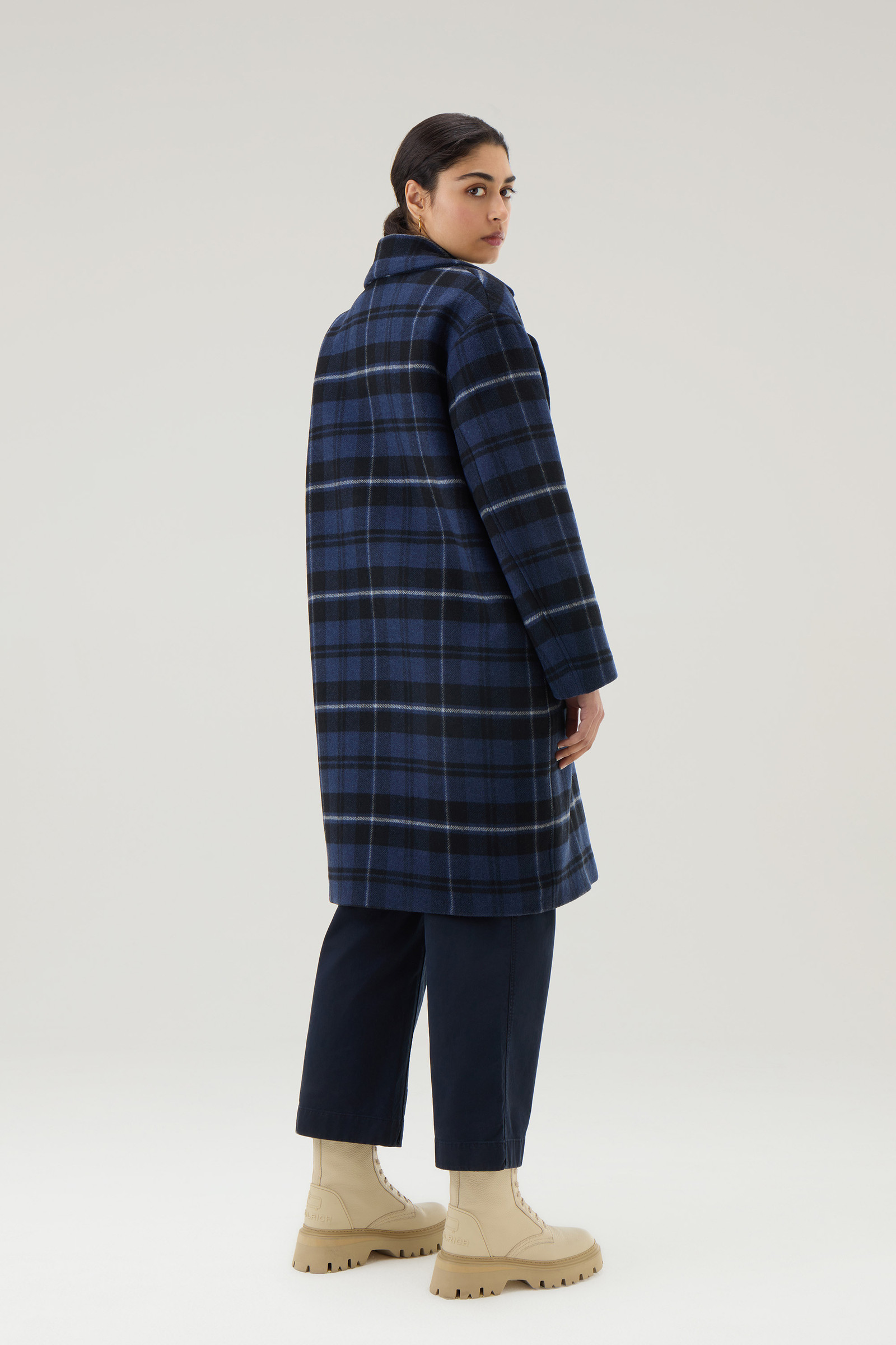 Check Coat in Recycled Manteco Wool Blend - Women - Blue