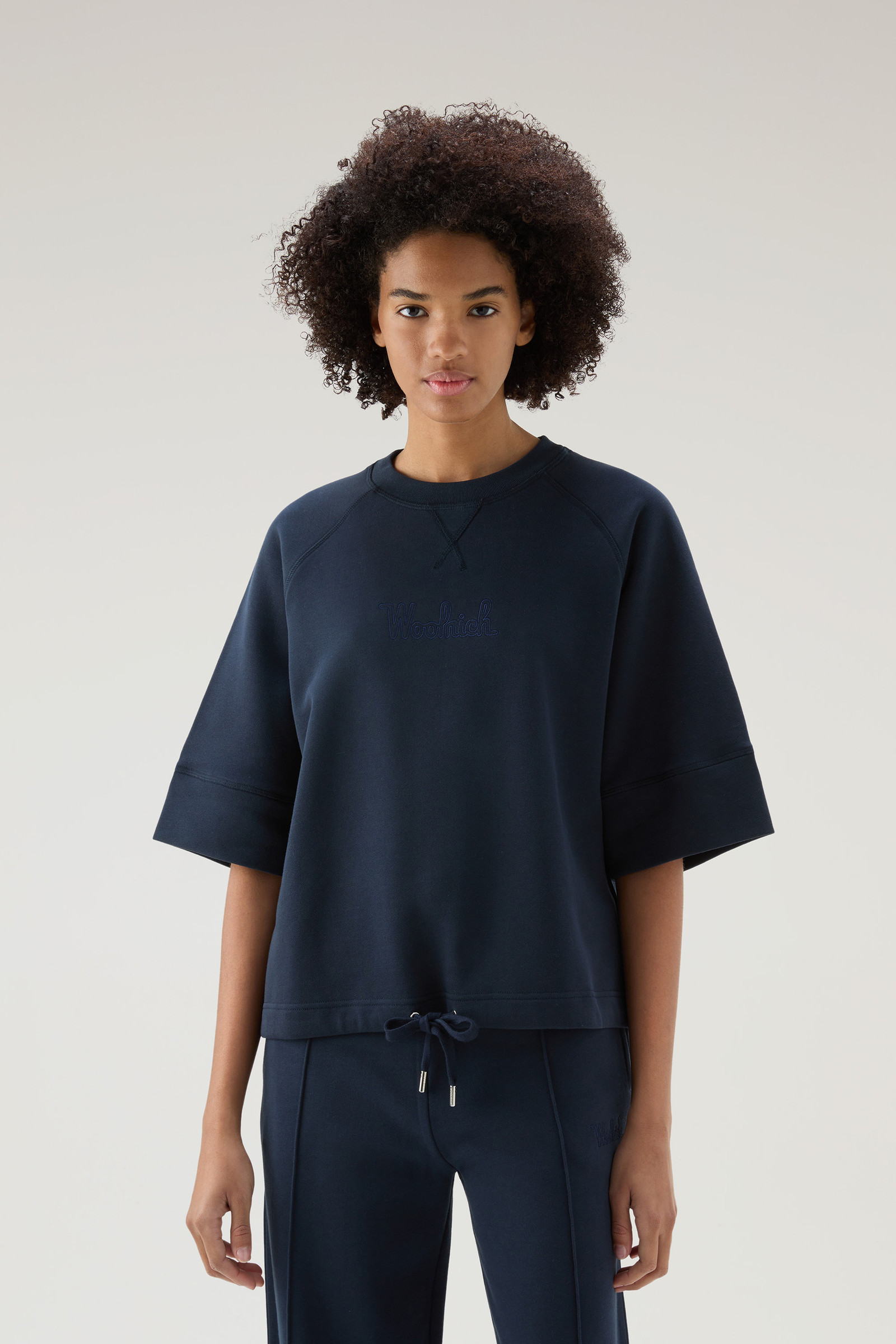 Sweat-shirt en pur coton avec manches trois-quarts bleu | Woolrich