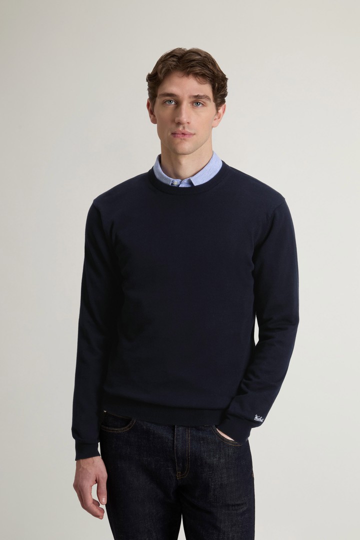 Crewneck Sweater in Pure Cotton with Embroidered Logo Blue photo 1 | Woolrich